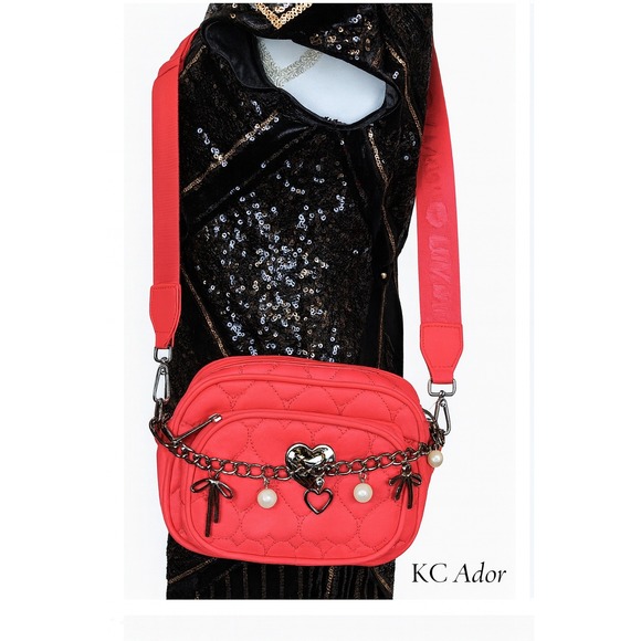 Betsey Johnson Handbags - Betsey Johnson Quilted Heart Pink Crossbody Charm Chain Pearl  Luv Betsey Strap
